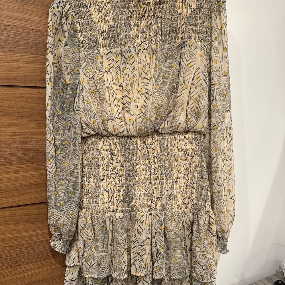 Aqua Cream and Tan Ruffled Mock Neck Dress